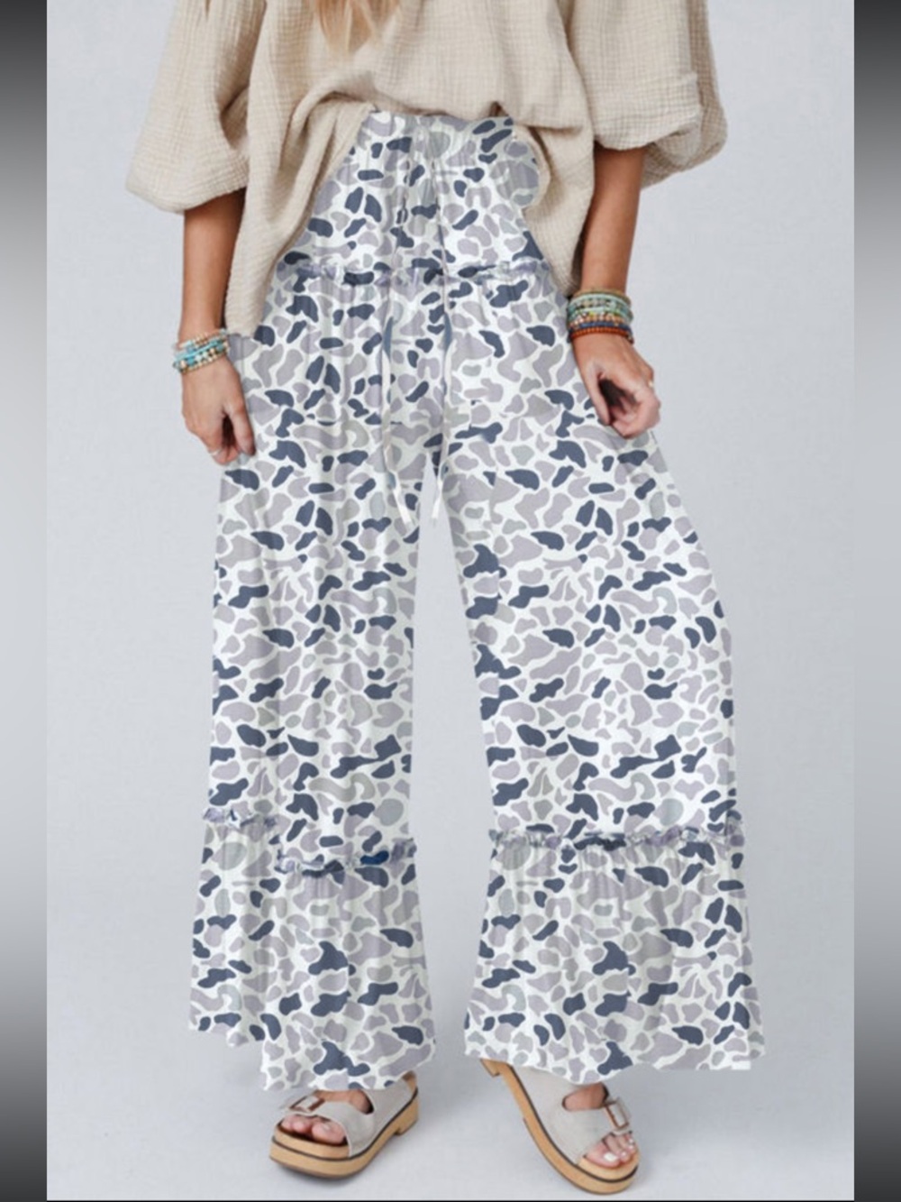 Wide Leg Ruffle Hem Pants in Light Grey Camouflage
